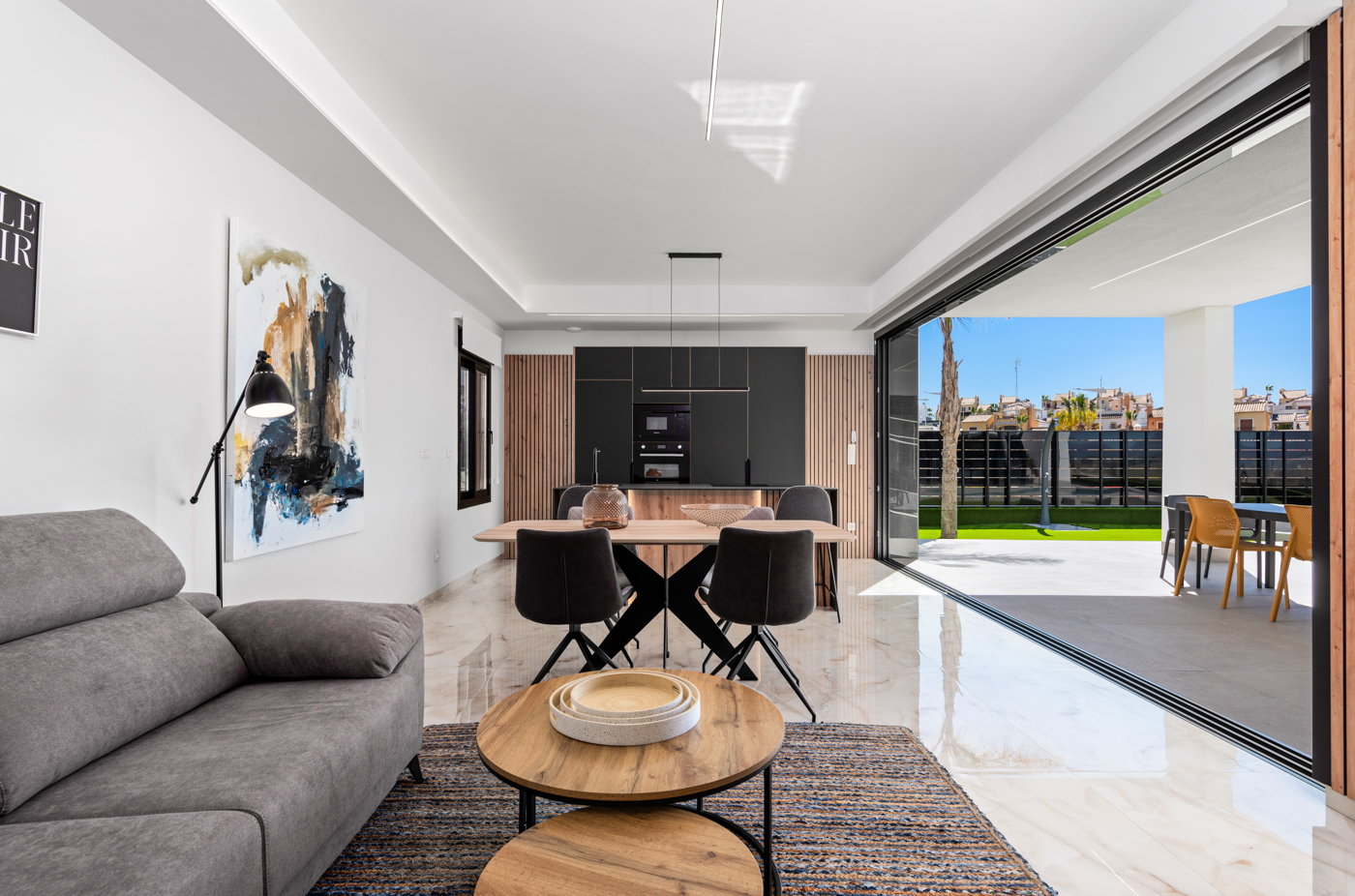 Open-plan living area and fitted kitchen in a brand new villa, Costa Blanca South