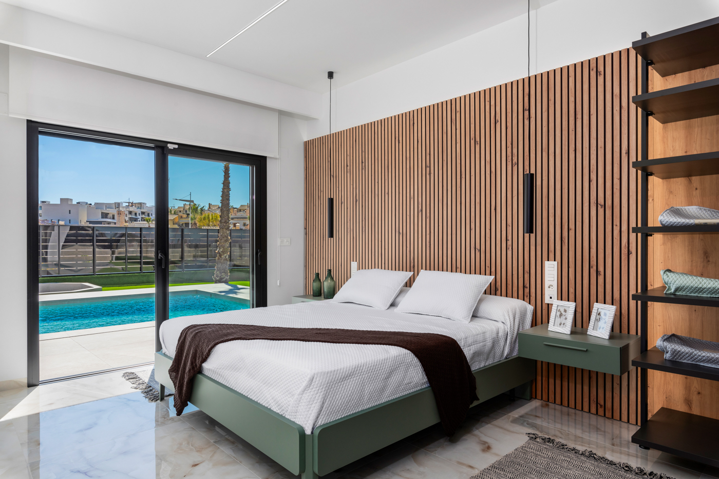 Bedroom with private pool view in a newly built villa, Costa Blanca South