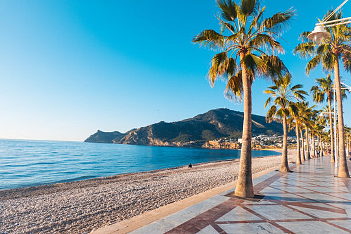 Palm-lined promenade along a Costa Blanca beach, Spain